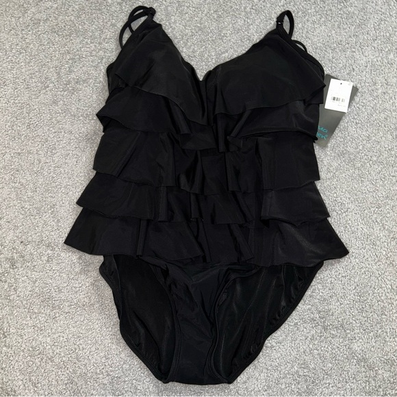 Aqua Green Black Ruffled Women's One Piece Swimsuit - Picture 1 of 4